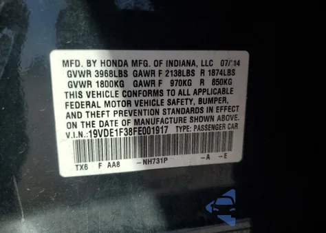 2015 Acura Ilx 20 from USA, damaged, VIN 19VDE1F38FE001917